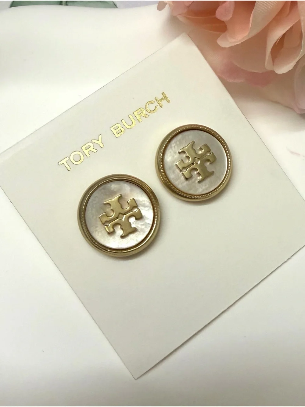 Tory Burch Gold Logo Button Earrings with Mother-of-Pearl